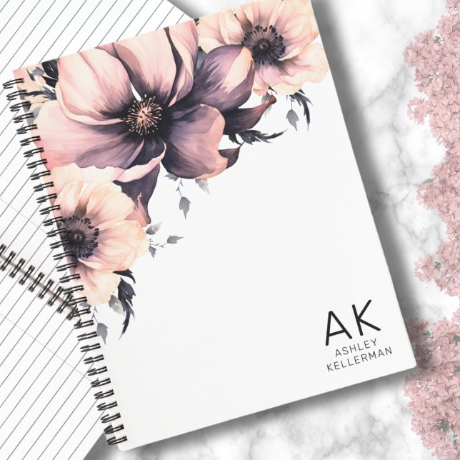 Modernes, rosa, florales Anfangsmonogramm Notizbuch (Modern Elegant Monogram Initial Boho Pink Floral Notebook)
