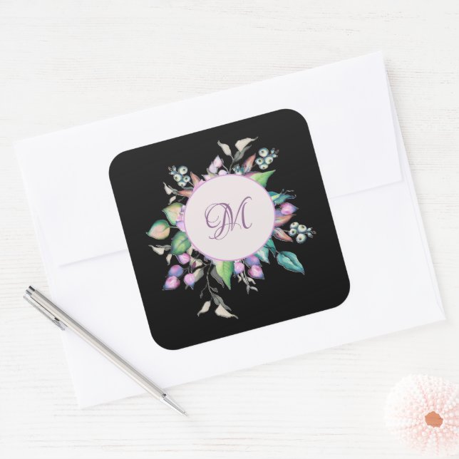 Modernes rosa, florales Monogramm Quadratischer Aufkleber (Umschlag)