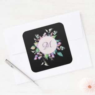 Modernes rosa, florales Monogramm Quadratischer Aufkleber