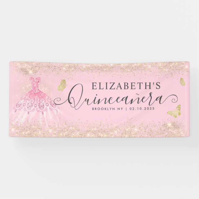 Modernes Rosa Gold Gourmet Quinceañera Willkommen Banner (Horizontal)