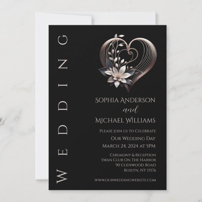 Modernes rosa Herz mit Blume Einladung Hochzeit (Vorderseite)