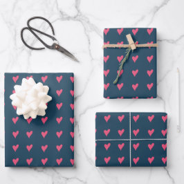 Modernes rosa Herzmuster Handgezeichnet Geschenkpapier Set