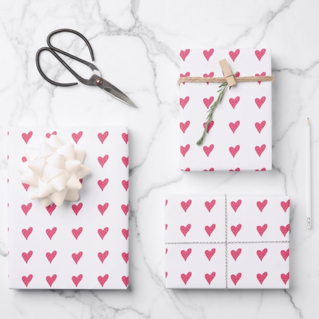Modernes rosa Herzmuster Handgezeichnet Geschenkpapier Set (Vorderseite)