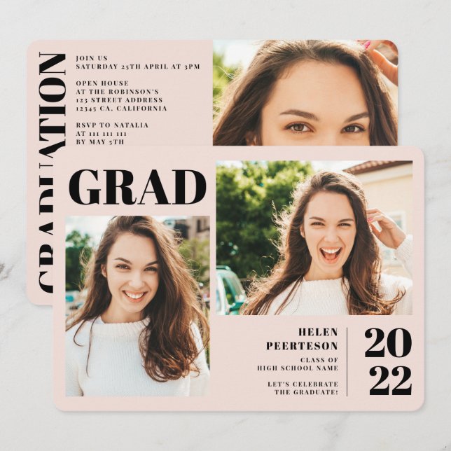 Modernes Rosa mit 3 Fotos Abschluss Einladung (Vorne/Hinten)