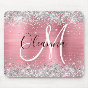 Modernes rosa Ombre Foil Silver Glitzer Monogram Mousepad