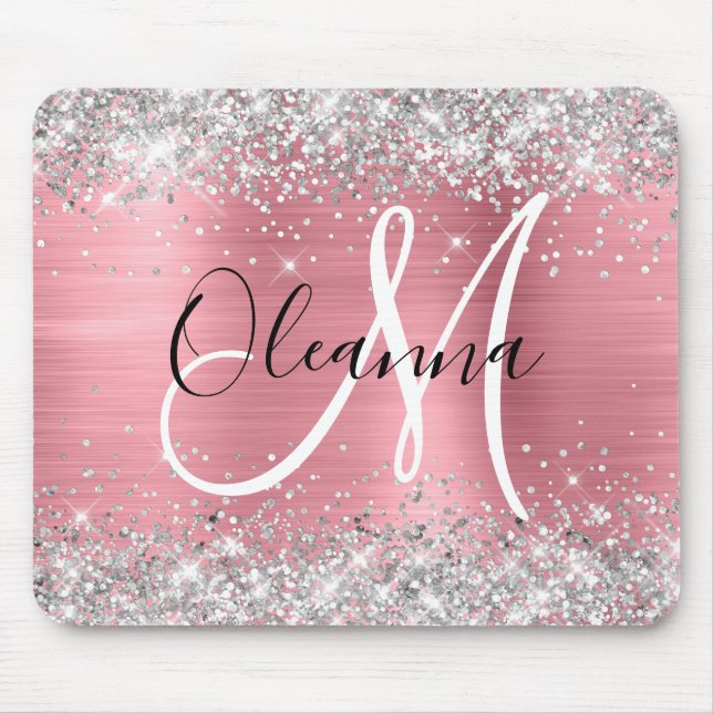 Modernes rosa Ombre Foil Silver Glitzer Monogram Mousepad (Vorne)
