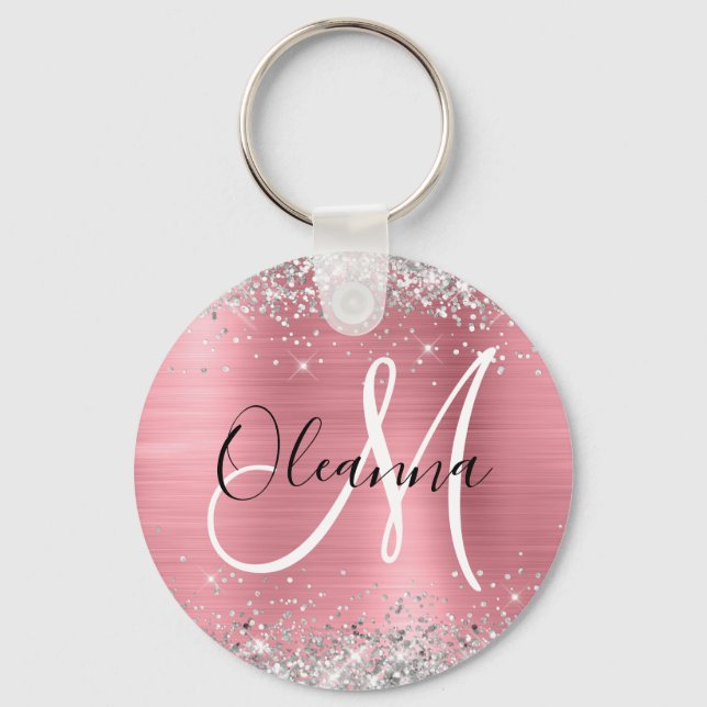 Modernes rosa Ombre Foil Silver Glitzer Monogram Schlüsselanhänger (Vorderseite)