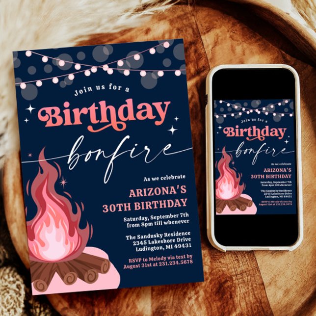 Modernes Rosa + Pfirsiches Geburtstagsfeuer Einlad Einladung (Modern Pink + Peach Birthday Bonfire Invitation)