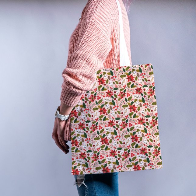 Modernes rosa Poinsettia Folk Botanisches Muster (Get ready for a stylish and merry holiday season—our festive totes are filled with cheer! 🎁)
