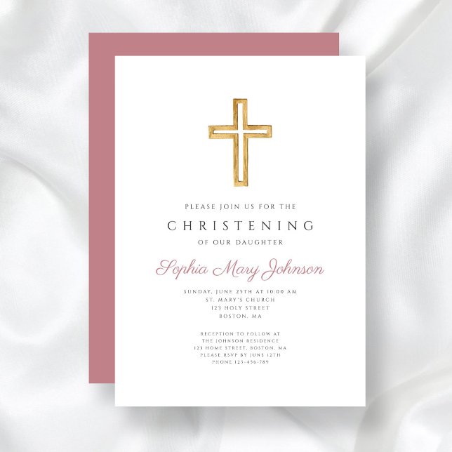 Modernes Rosa Religious Cross Girl Christening Einladung (Modern Pink Religious Cross Girl Christening Invitation)