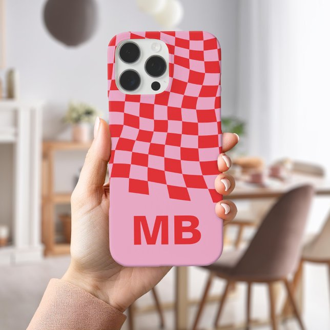 Modernes rosa rotes, viereckiges Muster Monogramm Case-Mate iPhone Hülle (Von Creator hochgeladen)