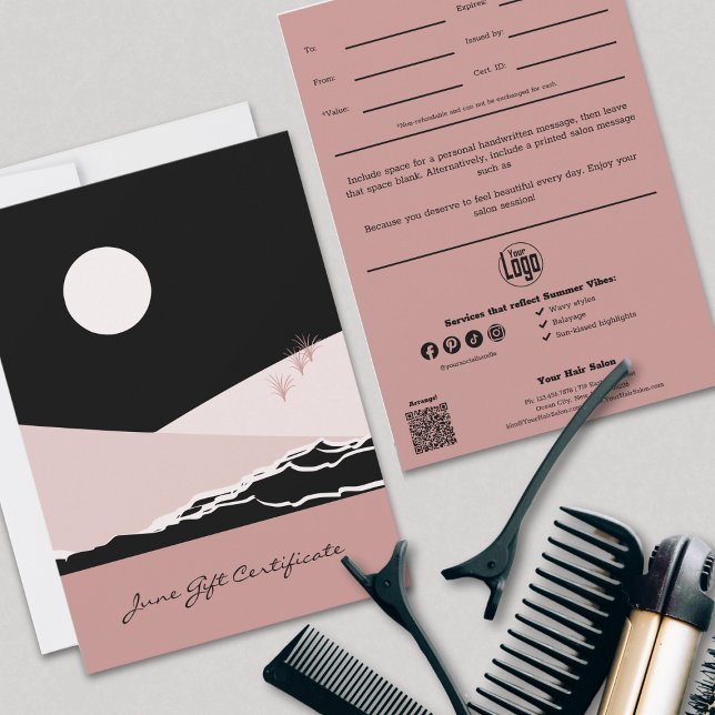 Modernes rosa Schwarzer Stylist - Geschenk (Modern Pink Black Stylist June Gift Certificate, Logo, Social, QR Code)