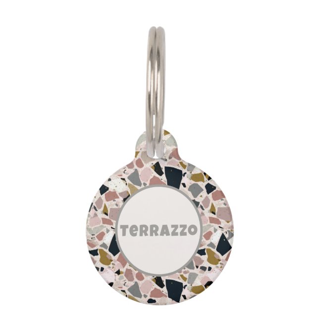 Modernes rosa Schwarzes Grau und Tan Terrazzo Haustiermarke (Vorderseite)