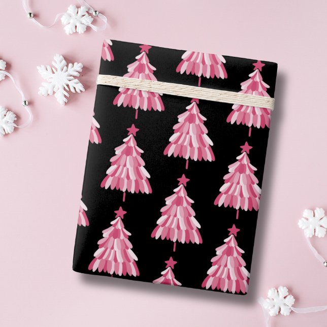 Modernes, rosa Schwarzes Weihnachtsbaummuster Geschenkpapier (Pink and black Christmas tree wrapping paper.)