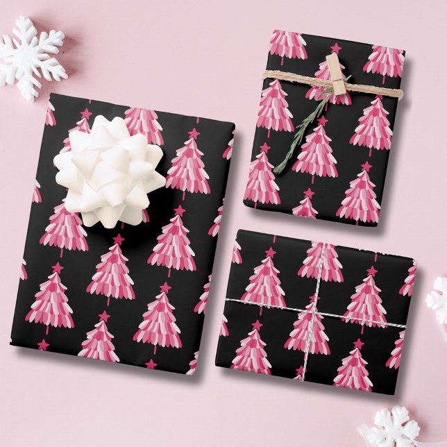 Modernes, rosa Schwarzes Weihnachtsbaummuster Geschenkpapier Set (Pink woodland christmas tree holiday wrapping paper.)