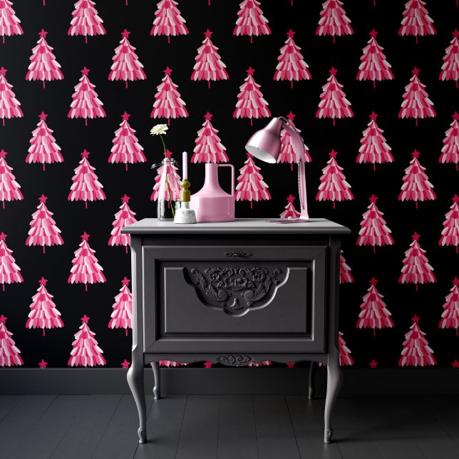 Modernes, rosa Schwarzes Weihnachtsbaummuster Tapete (Modern pink and black christmas tree wallpaper, perfect for holiday decor.)