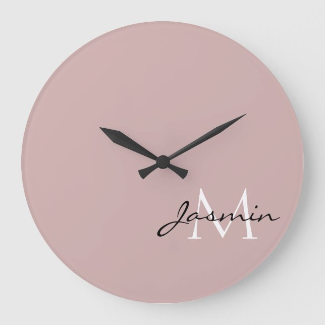 Modernes rosa Solid Color Name Monogram Große Wanduhr (Vorderseite)