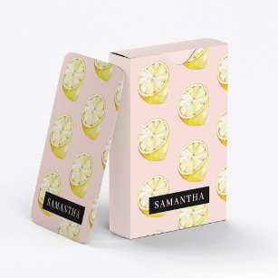 Modernes rosa und gelbes Zitronenmuster mit Namen Spielkarten