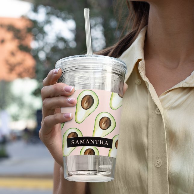 Modernes rosa und grünes Avocado-Muster mit Namen Acryltrinkbecher (Von Creator hochgeladen)