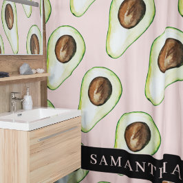 Modernes rosa und grünes Avocado-Muster mit Namen Duschvorhang