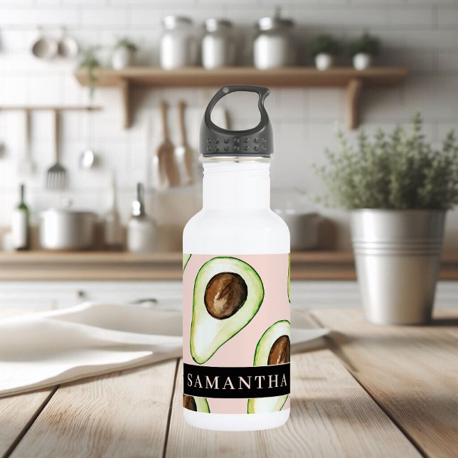 Modernes rosa und grünes Avocado-Muster mit Namen Edelstahlflasche (Von Creator hochgeladen)