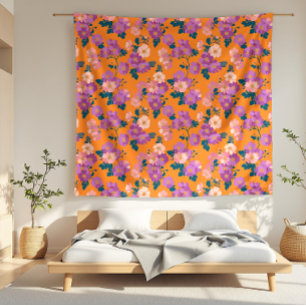 Modernes Rosa und Lila Blüten in Orange Fleecedecke