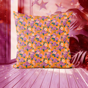Modernes Rosa und Lila Blüten in Orange Kissen