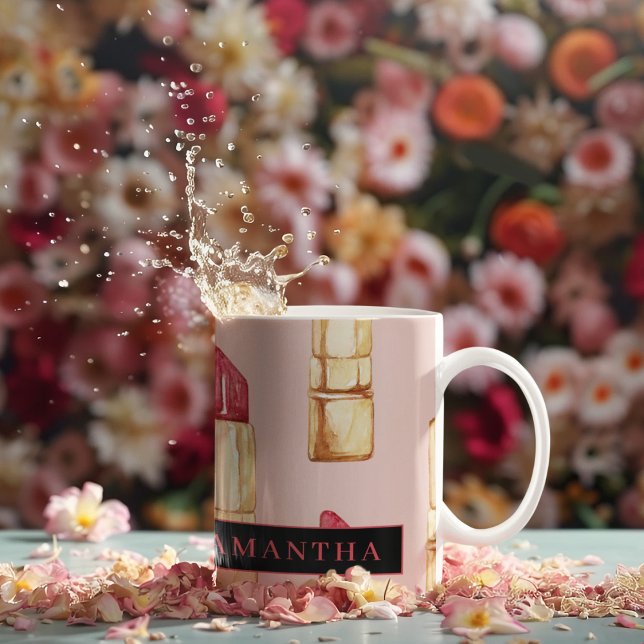 Modernes rosa und rotes Lipstick Muster Mädchen mi Kaffeetasse (Von Creator hochgeladen)