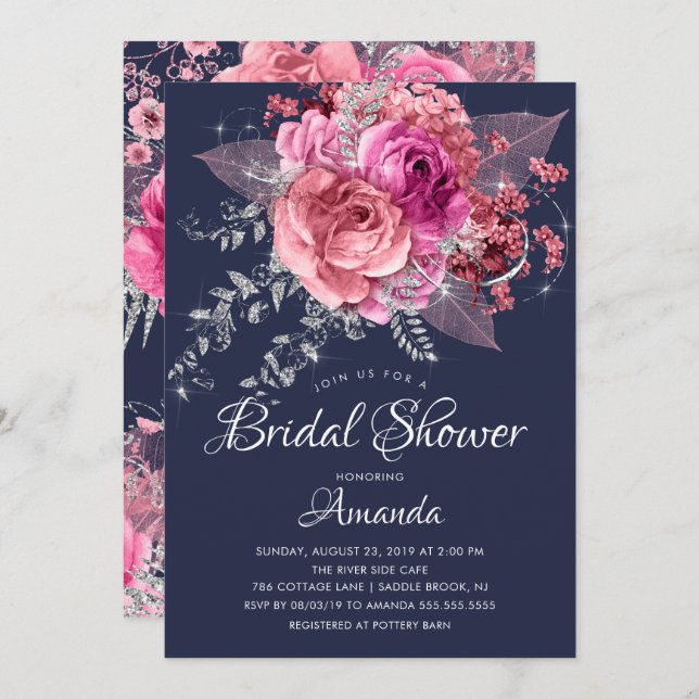 Modernes, rosa und silberfarbenes Brautparty Einladung (Vorne/Hinten)