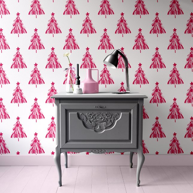 Modernes, rosa Weihnachtsbaummuster Tapete (Modern pink christmas tree wallpaper, ideal for Holiday decor)