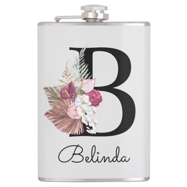 Modernes rosafarbenes florales Monogramm Anfangsbu Flachmann (Vorderseite)