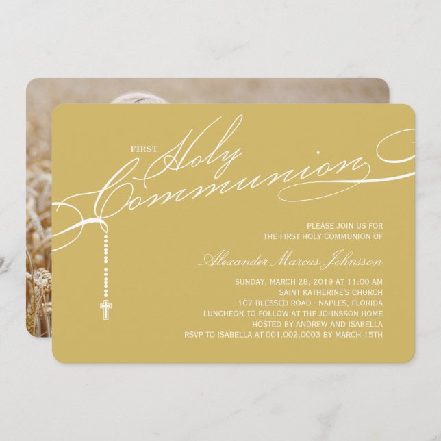 Modernes Rosary First Heilige Kommunion Foto Relig Einladung (Vorne/Hinten)