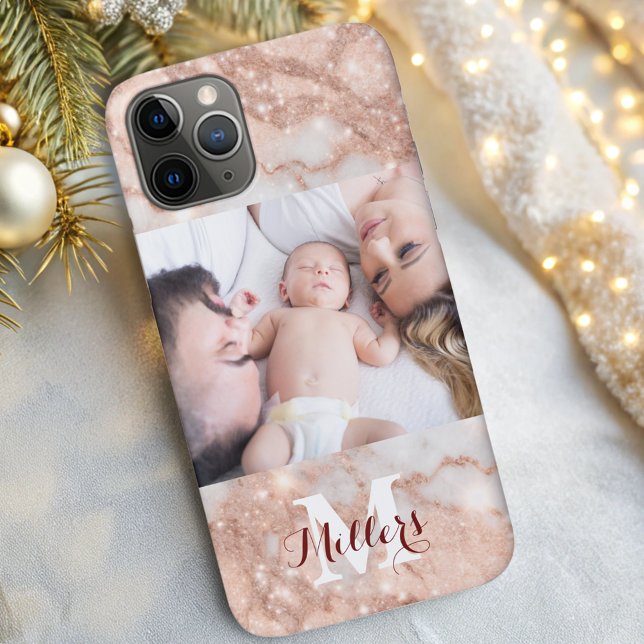 Modernes Rose Gold Glitzer Marmor Monogramm Foto Case-Mate iPhone Hülle (Von Creator hochgeladen)