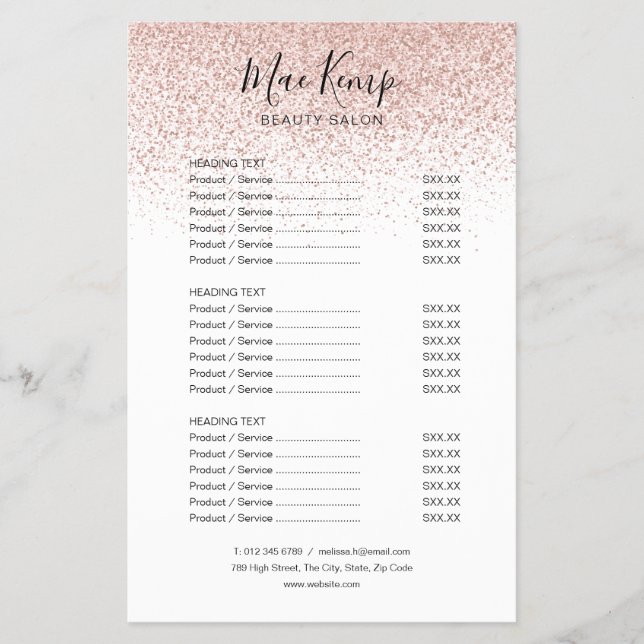 Modernes Rose Gold Glitzer Salon Service Menü (Vorne)