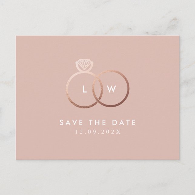Modernes Rose Gold Rating Monogram Save the Date Postkarte (Vorderseite)