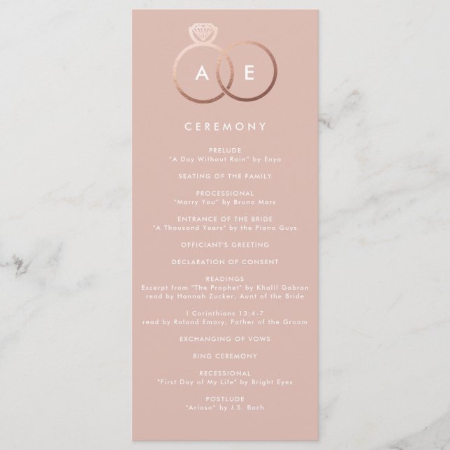 Modernes Rose Gold Rings Custom Wedding Programm (Vorderseite)