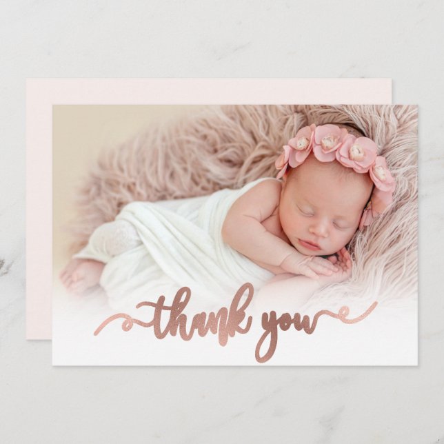 Modernes Rose Gold Script Baby Foto Danke Karte (Vorne/Hinten)
