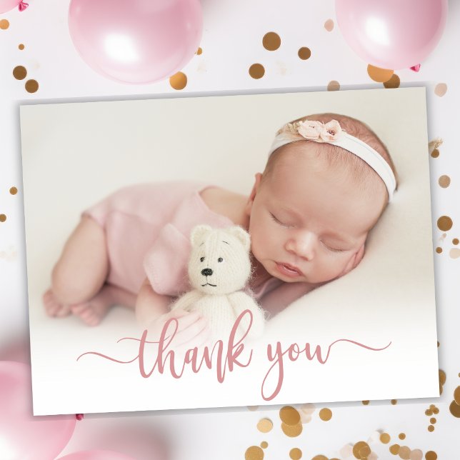 Modernes Rose Gold Script Baby Foto Vielen Dank Dankeskarte (Von Creator hochgeladen)