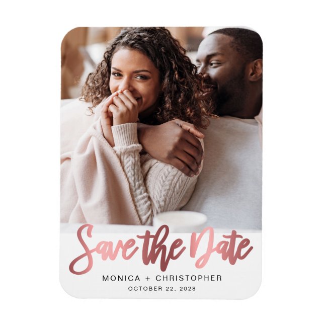 Modernes Rose Gold Script Foto Save the Date Magnet (Vertikal)
