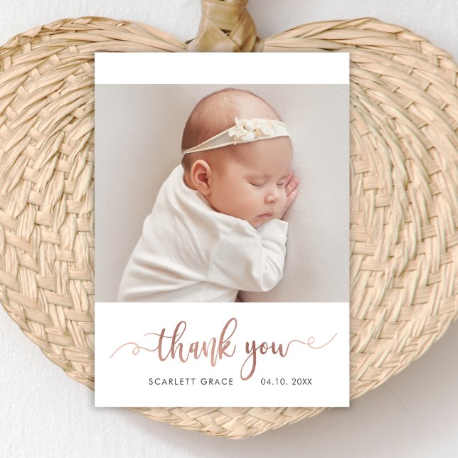 Modernes Rose Gold Script Simple Baby Foto Dankeskarte (Von Creator hochgeladen)