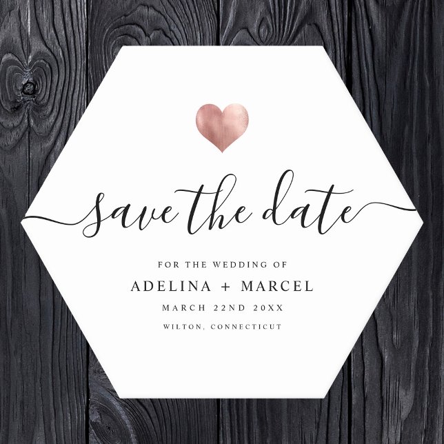 Modernes Rose Goldenes Herz Save the Date Untersetzer (Hexagonal wedding save-the-date coaster on wood background. Elegant script reads "save the date" )