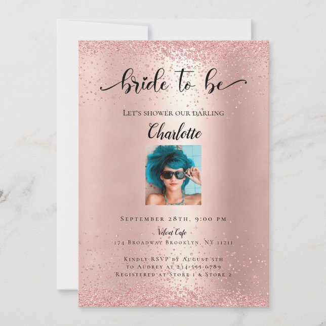 Modernes Rosegold Glitzer Foto "Bride To Be" Einladung (Vorderseite)