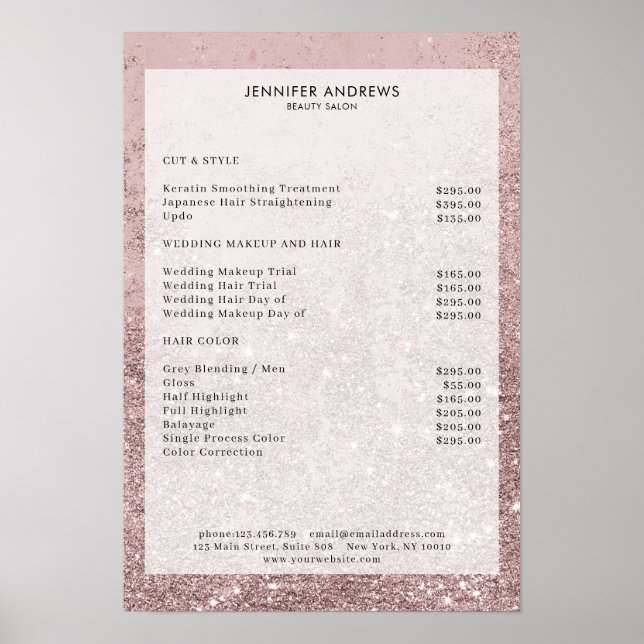 Modernes Rosegold Glitzer Salon Price List Poster (Vorne)
