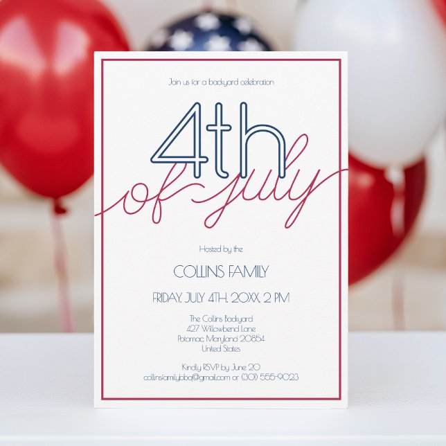 Modernes Rot Weiß und Blau 4. Juli Sommer Party Einladung (Modern Red White and Blue 4th of July Summer Party Invitation)