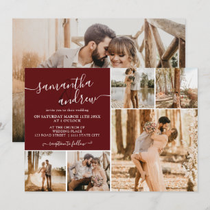 Modernes rotes Bordeaux-Skript 6 Fotos Hochzeit Einladung