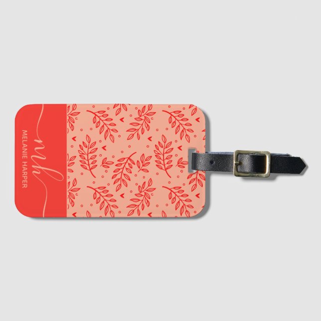 Modernes rotes botanisches Aquarellmonogramm Gepäckanhänger (Vorderseite (Horizontal))