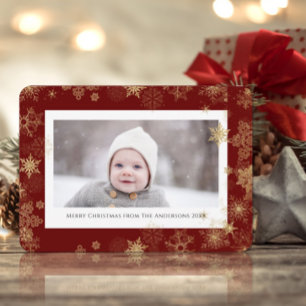 Modernes Rotes Elegantes Script Snowflakes Bokeh O Feiertagskarte