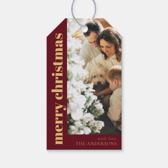 Modernes Rotes Elegantes Weihnachtsfamilien Foto Geschenkanhänger (Vorderseite)