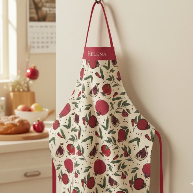Modernes rotes Granatapfelmuster Schürze (Modern Botanical Red Pomegranate Fruit Pattern Apron for Her. Elegant Pomegranates & Leaves Drawing)