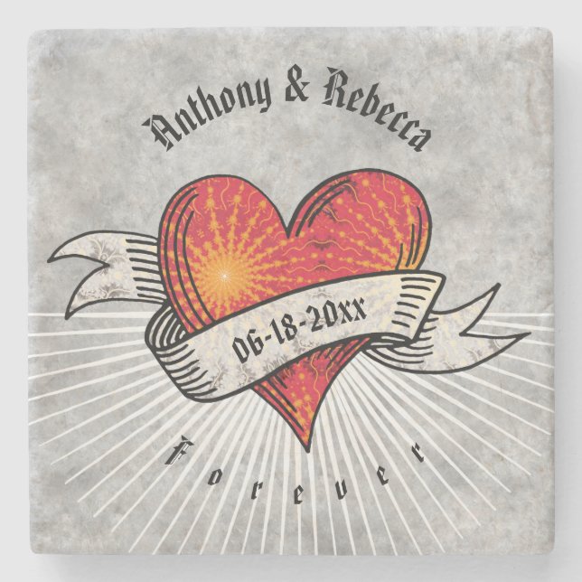 Modernes Rotes Herz Fraktal Hochzeitstag Steinuntersetzer (Vorderseite)